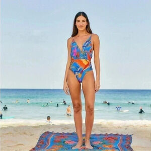 Vibrant Blue Tropical Print One-Piece Swimsuit